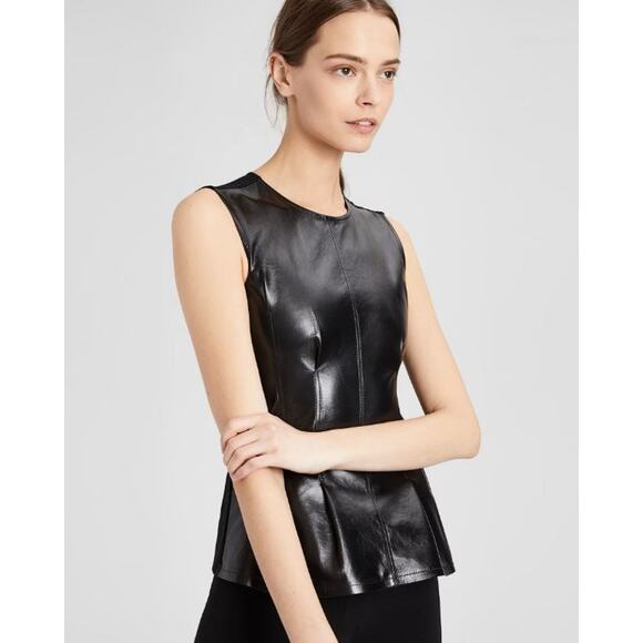 Theory Leather Darted Top Lamb Leather Women's Size 4 Black Lightweight Femme - Picture 1 of 6